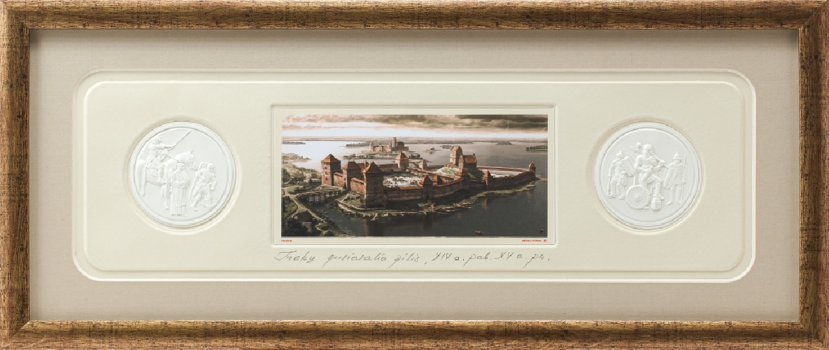 Grafikos paveikslas &quot;Trakų pusiasalio pilis, XIVa. pab. XVa. pr.&quot; su monetomis