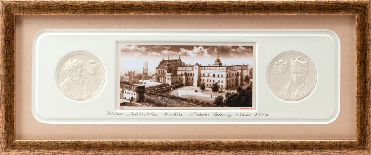 Grafikos paveikslas &quot;Renesansiniai LDK rūmai Vilniuje. LDK Zigmanto Vazos laikai&quot; su monetomis