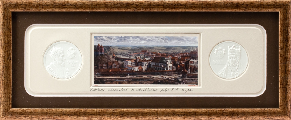 Grafikos paveikslas „Vilnius. LDK Žygimanto Augusto ir Barboros Radvilaitės laikais“ su monetomis